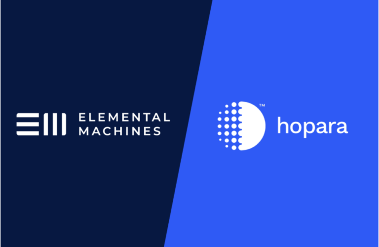 split navy blue and royal background with white Elemental Machines logo on the left ontop of navy blue and white Hopara logo on right on top of royal blue background