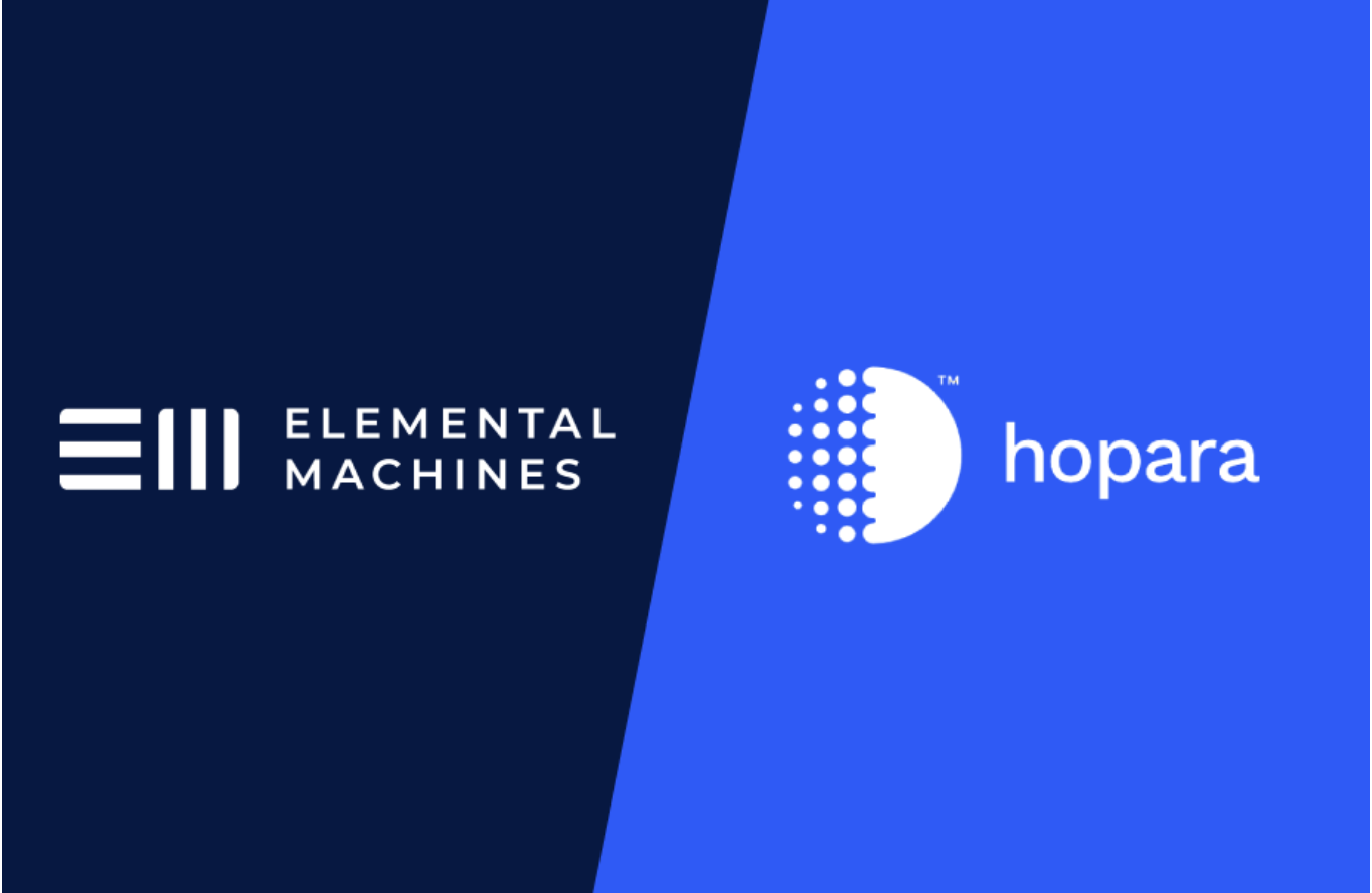 split navy blue and royal background with white Elemental Machines logo on the left ontop of navy blue and white Hopara logo on right on top of royal blue background