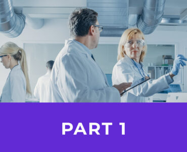 female and male in lab coats in a lab with purple bar in bottom center with white text of Part 1