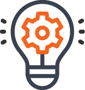 black and orange icon of a light bulb with a cog in the center
