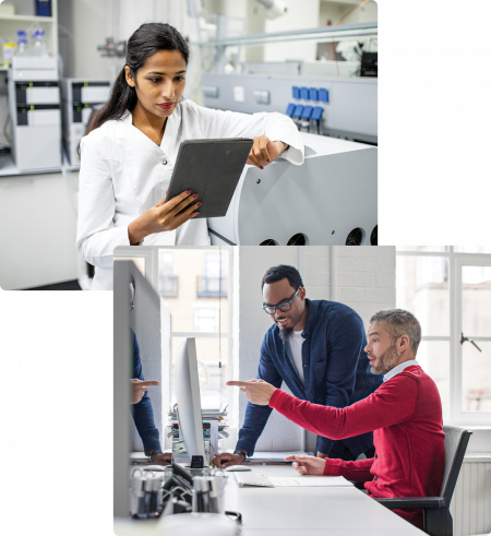 two images, woman with a tablet and two men sitting in front of a computer