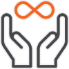 two black illustrated hands side by side with orange infinity sign floating above